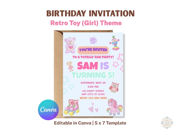 Retro Girl Birthday Invitation 80s Toy Party Pastel Editable Canva Template