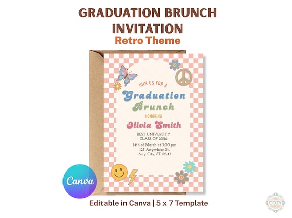 Retro Graduation Brunch Invitation Template, Groovy Grad Party Invite, 70s Editable Canva Invite