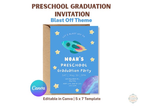 Preschool Graduation Invitation, Blast Off Space Theme, Editable Canva Template (5x7)