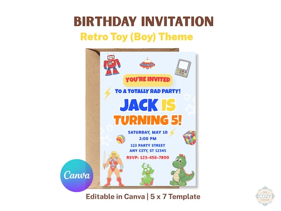 Retro Toy Birthday Invitation Boy 80s Nostalgia Party Invite Template