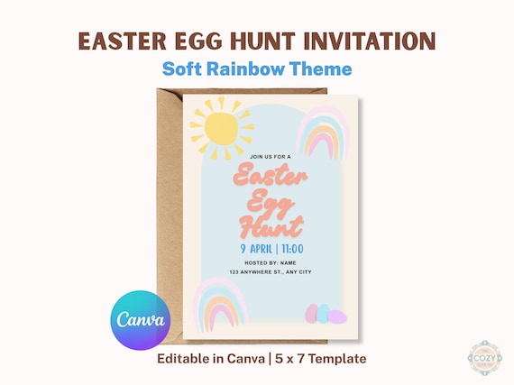 Easter Egg Hunt Invitation Template, Pastel Rainbow Kids Party Invite, 5x7 Canva Download
