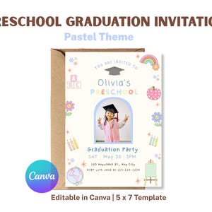 Pastel preschool graduation invitation template with rainbow theme and photo arch, editable 5x7 Canva kindergarten graduation party invite