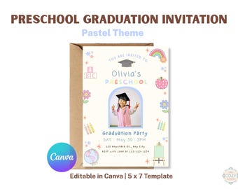 Pastel Rainbow Preschool Graduation Invitation, Editable Canva Template (5x7)