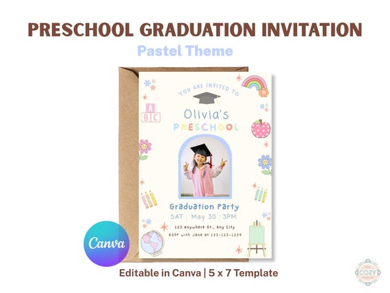Pastel Rainbow Preschool Graduation Invitation, Editable Canva Template (5x7)