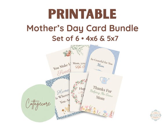 Cottagecore Mother’s Day Card Bundle, Printable Floral Greeting Cards Set of 6