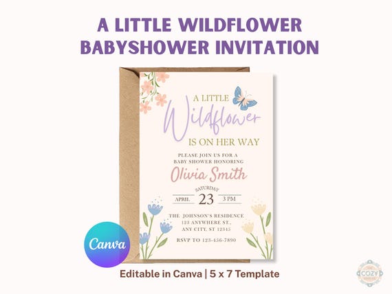Wildflower Baby Shower Invitation Template Editable Canva Girl Floral Invite Spring