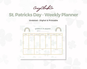 St. Patrick's Day Weekly Planner, Green Clover Design (Printable PDF File, US Letter, Undated)