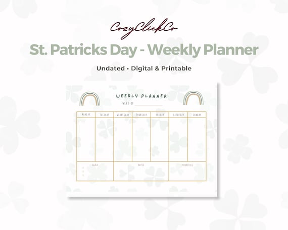 St. Patrick's Day Weekly Planner, Green Clover Design (Printable PDF File, US Letter, Undated)