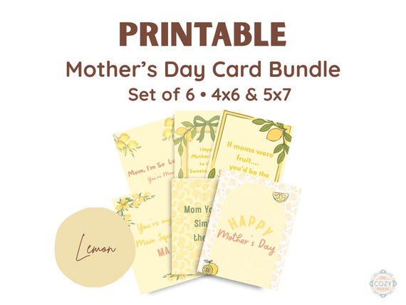 Lemon Mother’s Day Card Bundle, Printable Citrus Greeting Cards 5x7 & 4x6 Set