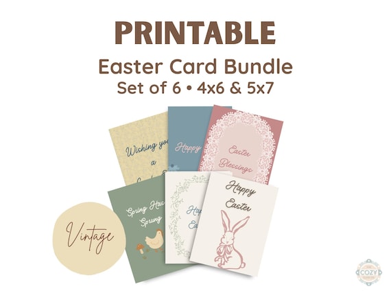Vintage Cottagecore Easter Card Bundle Printable 4x6 & 5x7 Set of 6