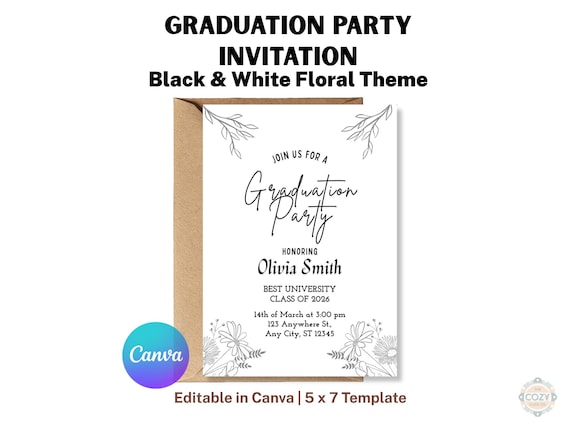 Minimal Graduation Invitation, Black Floral Template (Digital Download)