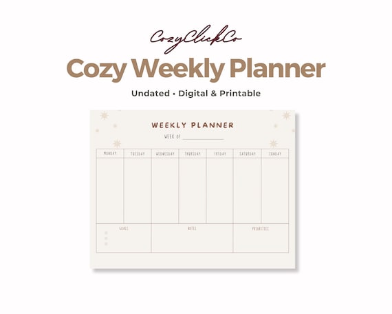 Cozy Weekly Planner Printable | Minimal Neutral Weekly Schedule | Goals Notes Priorities | Digital Download