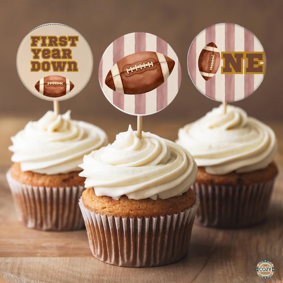 First Year Down Cupcake Toppers, Editable Football 1st Birthday Canva Template