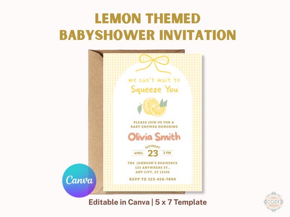 Lemon Baby Shower Invitation Editable Canva Template Citrus Girl Summer Invite