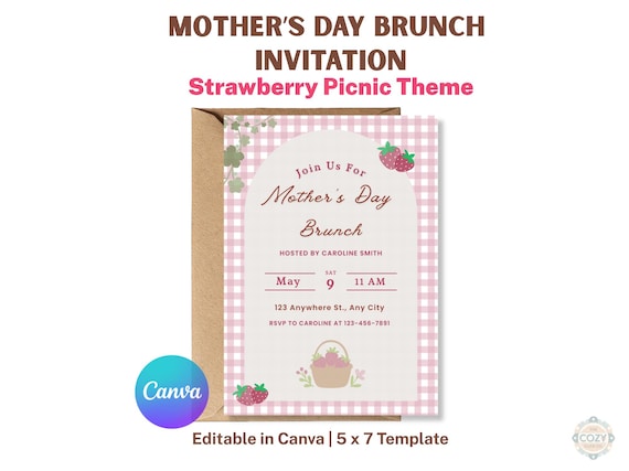 Strawberry Mother’s Day Brunch Invitation, Pink Gingham Picnic Editable 5x7