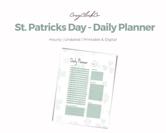 St. Patrick’s Day Daily Planner Printable, Undated Green Clover Planner, US Letter PDF