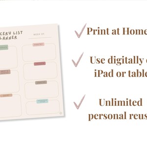 Puede incluir: Un planificador de lista de compras beige con secciones para productos, despensa, congelados, snacks, carne y marisco, l&aacute;cteos y varios. El texto dice "Imprimir en casa", "Usar digitalmente en iPad o tableta", y "Reutilizaci&oacute;n personal ilimitada".