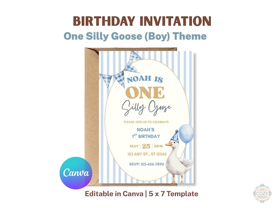 Editable Silly Goose First Birthday Invitation Blue 1st Birthday Invite Boy
