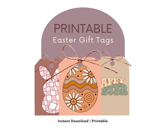 Boho Easter Gift Tags – Retro Bunny & Floral Egg Design (Instant Download)