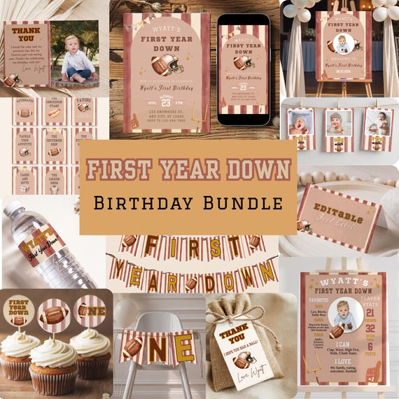 First Year Down Birthday Bundle, Football First Birthday Party Templates