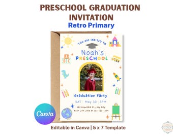 Retro Primary Preschool Graduation Invitation, Editable 5x7 Template