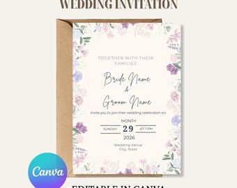 Floral Watercolor Wedding Invitation Template | Editable 5x7 Canva Invite | Elegant Printable Wedding Stationery
