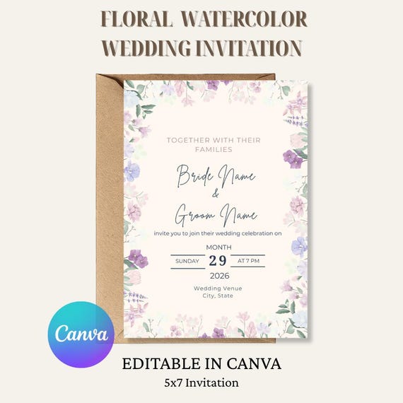 Floral Watercolor Wedding Invitation Template | Editable 5x7 Canva Invite | Elegant Printable Wedding Stationery