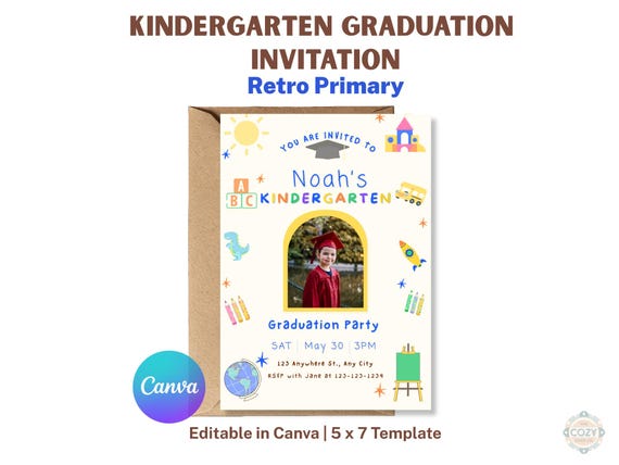 Kindergarten Graduation Invitation Editable Retro Primary Photo Canva 5x7 Invite