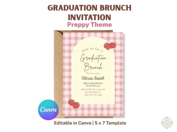 Preppy Graduation Brunch Invitation Template, Strawberry Gingham Grad Party Invite, Editable 5x7 Canva Template