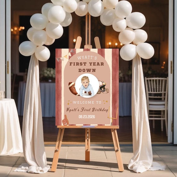 First Year Down Welcome Sign, Retro Football First Birthday Editable Canva Template