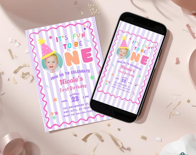 Featured listing image: First Birthday Invitation Template, It’s Fun to Be One, Editable Photo Canva Invite