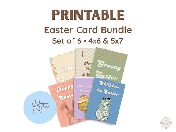Retro Easter Card Bundle Printable 4x6 & 5x7 Set of 6