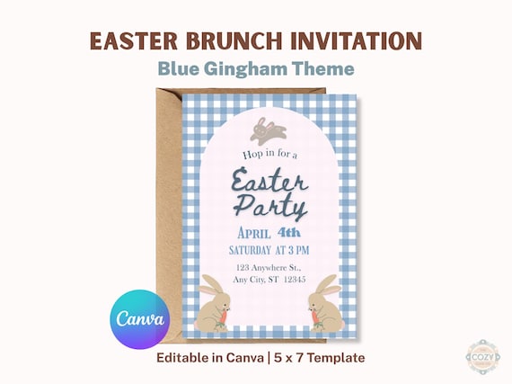 Editable Blue Gingham Easter Bunny Invitation, 5x7 Spring Party Template