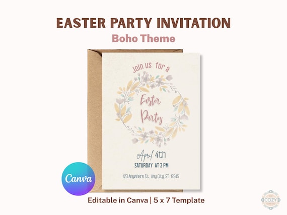 Boho Easter Party Invitation Template, Neutral Spring Invite (5x7 Digital Download)