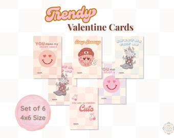 Trendy Valentine Cards Bundle, Printable 4x6 Set of 6 for Kids & Friends