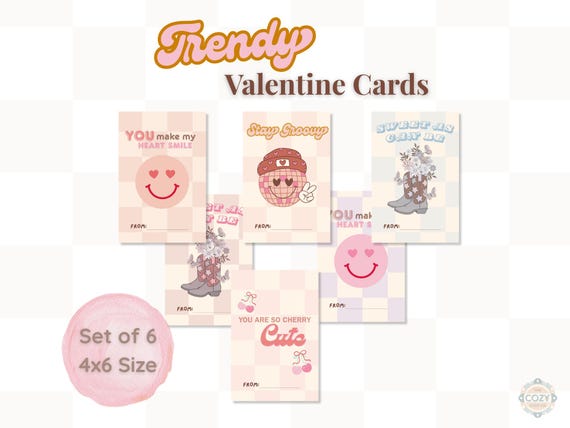 Trendy Valentine Cards Bundle, Printable 4x6 Set of 6 for Kids & Friends