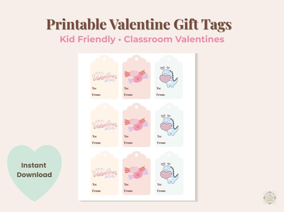 Printable Valentine Gift Tags for Kids | Classroom Valentine Tags | Kid Friendly Valentine Printable | Instant Download