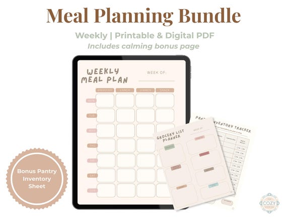 Meal Planning Bundle | Weekly Meal Planner, Grocery List & Pantry Inventory Printable Digital PDF Cozy Kitchen Organizer