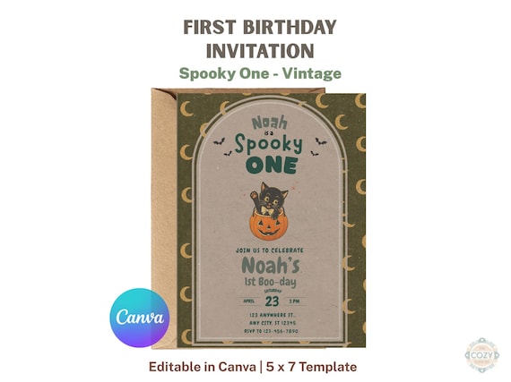 Spooky One First Birthday Invitation, Vintage Halloween Boo Day Editable Canva Template