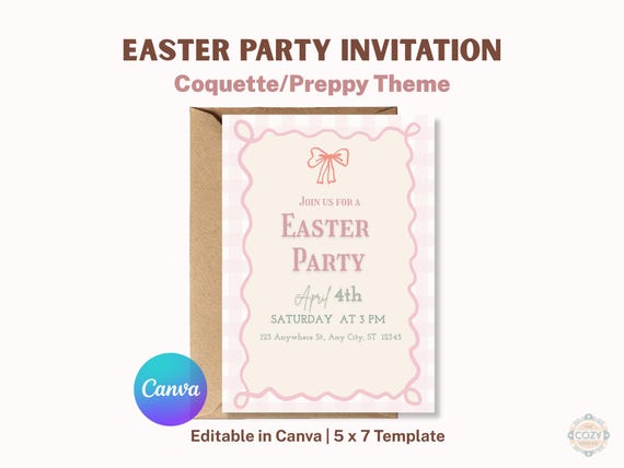 Preppy Pink Bow Easter Invitation Template, Coquette Party Invite 5x7 Canva Download