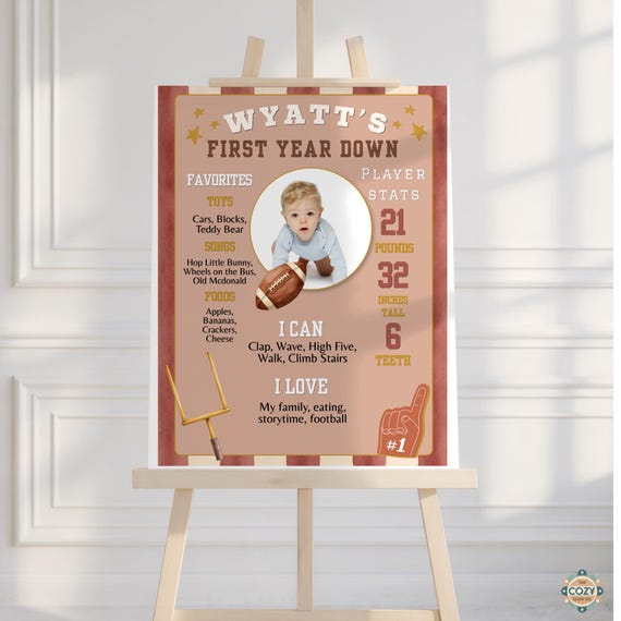 First Year Down Milestone Poster, Football First Birthday Editable Canva Sign