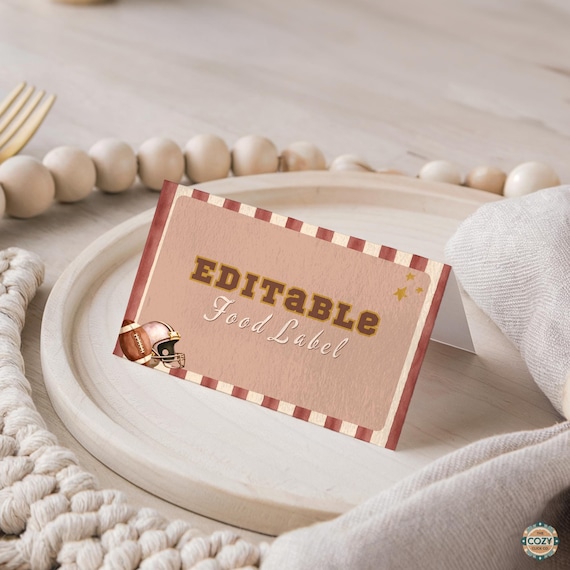 First Year Down Food Labels, Editable Football Birthday Canva Tent Cards