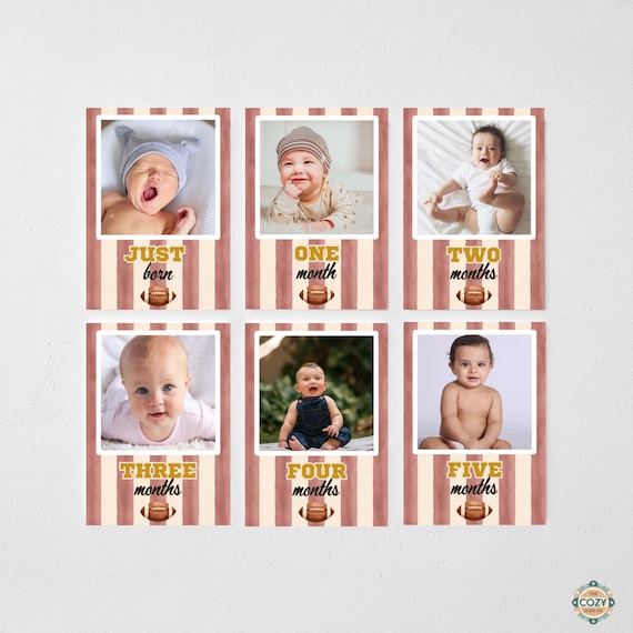 First Year Down Monthly Photo Banner, Editable Football Baby Milestone Canva Template
