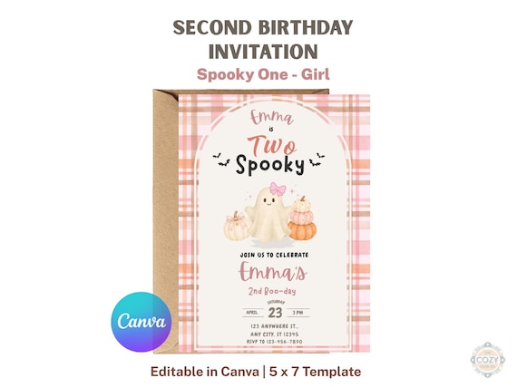 Pink Two Spooky 2nd Birthday Invitation: Editable Canva Ghost Halloween Template for Girl
