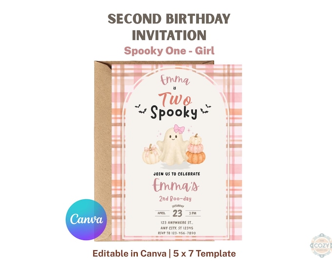 Featured listing image: Pink Two Spooky 2nd Birthday Invitation: Editable Canva Ghost Halloween Template for Girl