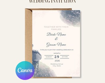 Blush & Navy Watercolor Wedding Invitation, Elegant Canva Template (5x7) (Digital Download)