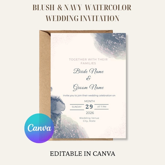 Blush & Navy Watercolor Wedding Invitation, Elegant Canva Template (5x7) (Digital Download)