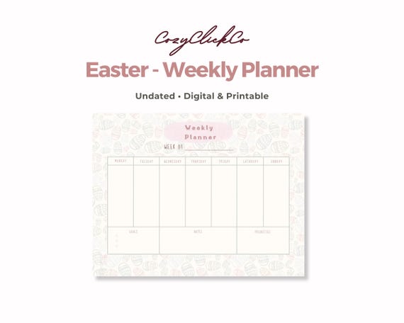 Easter Weekly Planner, Pastel Egg Design, Undated Productivity Sheet (Digital Download)