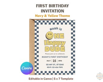 One Happy Dude Invitation, Navy Yellow First Birthday Invite, Retro Checkerboard Template
