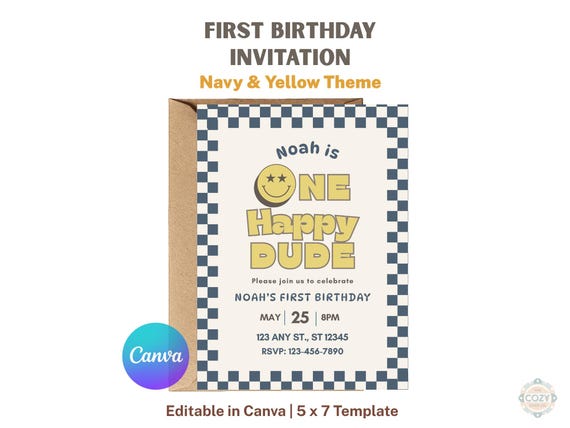 One Happy Dude Invitation, Navy Yellow First Birthday Invite, Retro Checkerboard Template